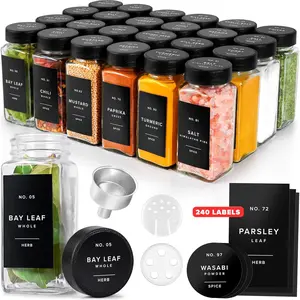 Glass  Jars with Labels (24 x 4oz)  Containers with 240 Labels, Shaker Inserts, Funnel, Empty Square Empty Square Seasoning Organizer (Black )