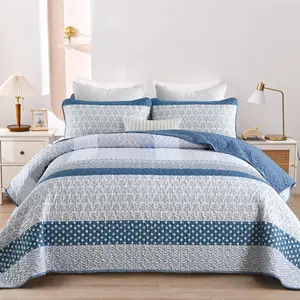 Blue Quilt Queen/King Size, Bohemian Stripe Quilt Sets 3 Pieces Boho Quilted Bedspread Set Lightweight Microfiber Coverlet Bedding Set All Season