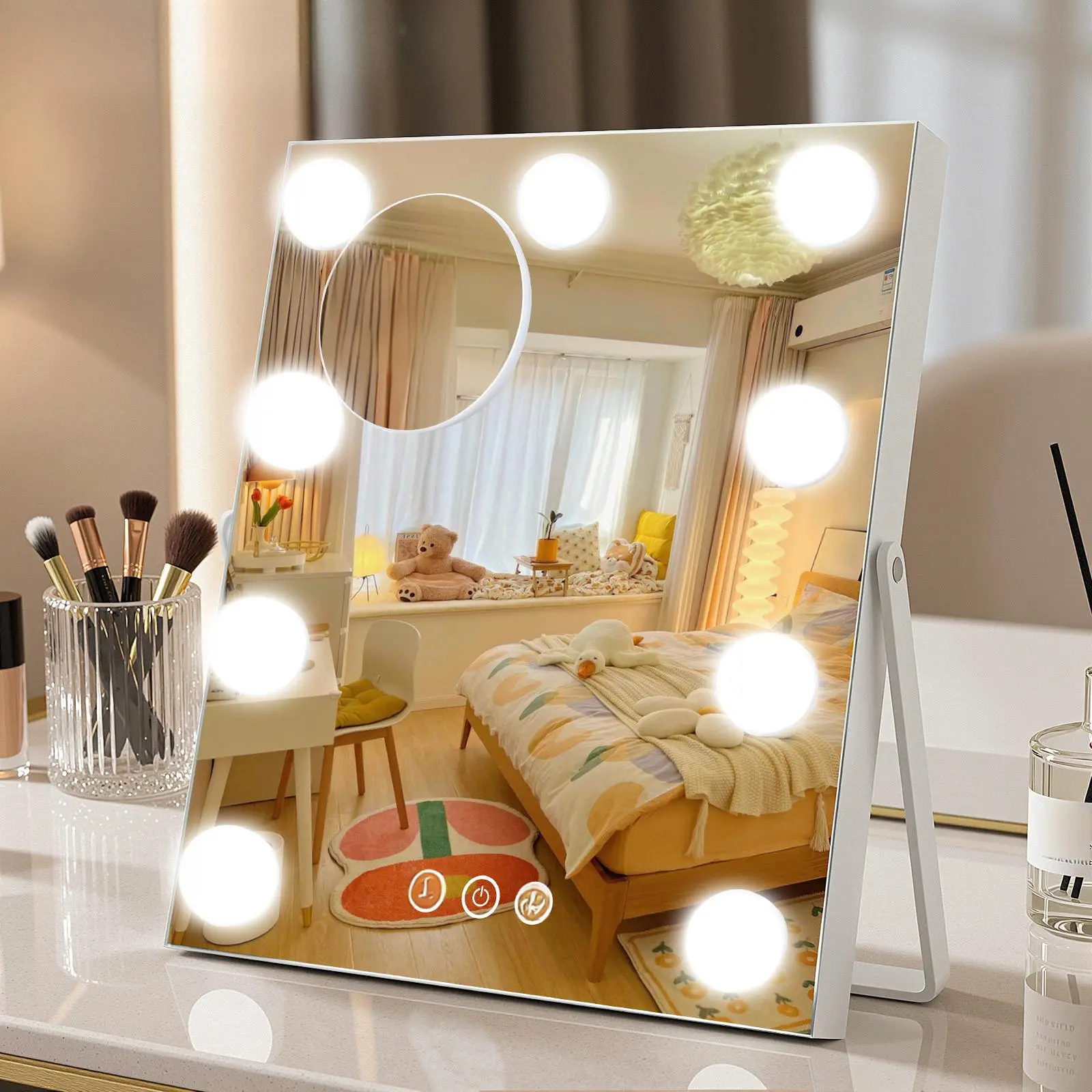 Vanity Mirror with Lights 16"x10" Hollywood Makeup Mirror 9 Dimmable Bulbs 3000mAh Battery 3-Color Lighting 360° Rotation 10x Magnification Desk Mirror Bedroom White Adjustable Brightness & 3 Lighting Modes