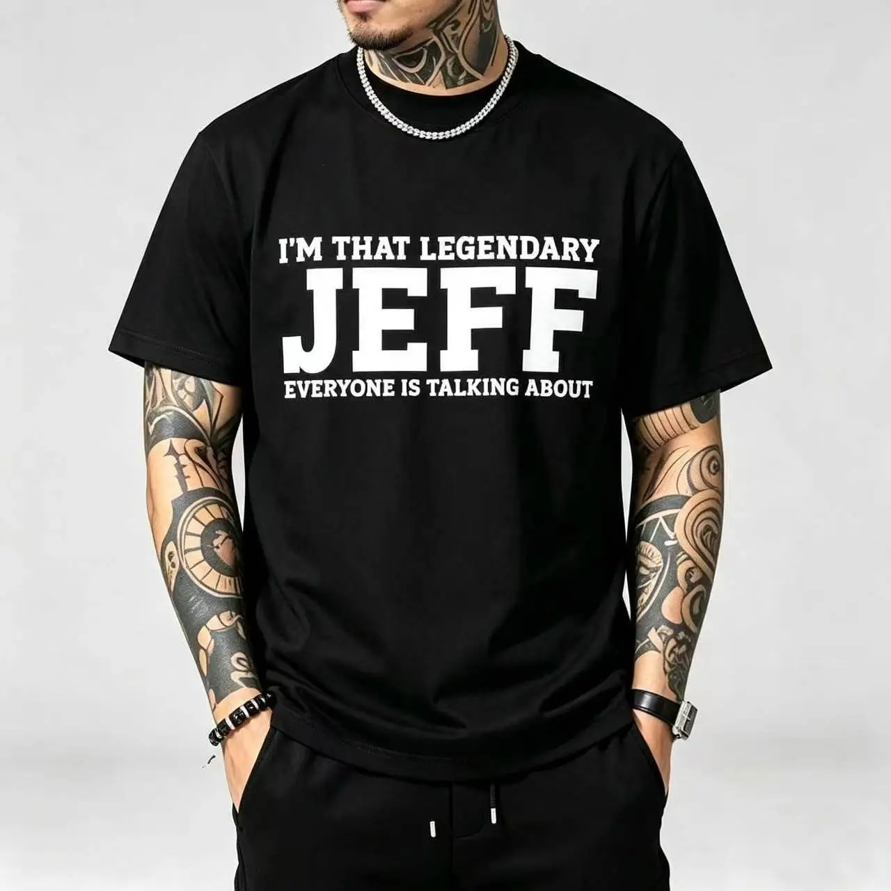 Men's Short-Sleeve Round Neck Customized Slogan Tops - Soft "I'm That Legendary Jeff Everyone Is Talking About" Funny Name Graphic T-Shirt, Regular Fit, Casual Streetwear, Shortsleeve