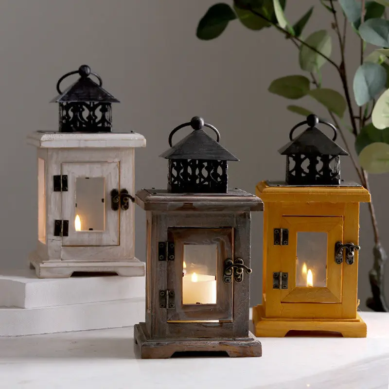 Vintage Iron & Wood Candle Holder | Retro Glass Lantern Ornament for Home Decor