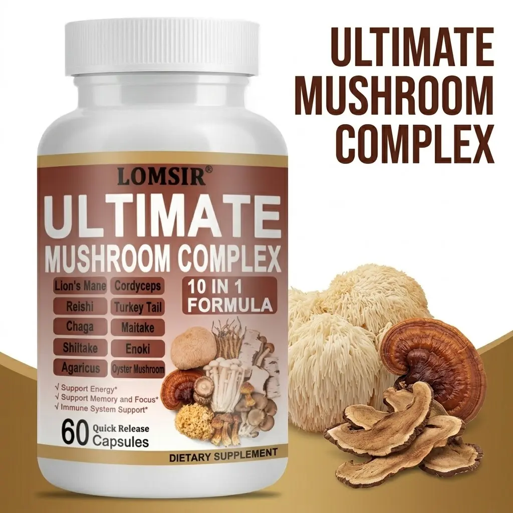 Mushroom Supplement - 10 in 1 Brain Supplement with Lion's Mane, Cordyceps, Reishi and more - Energy, Memory and Focus Support - 60 Capsules