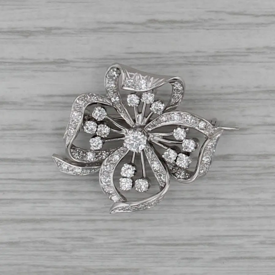 Cropp & Farr 1.10ctw Diamond Flower Brooch 18k Gold Vintage Pin Gowland Box Wedding
