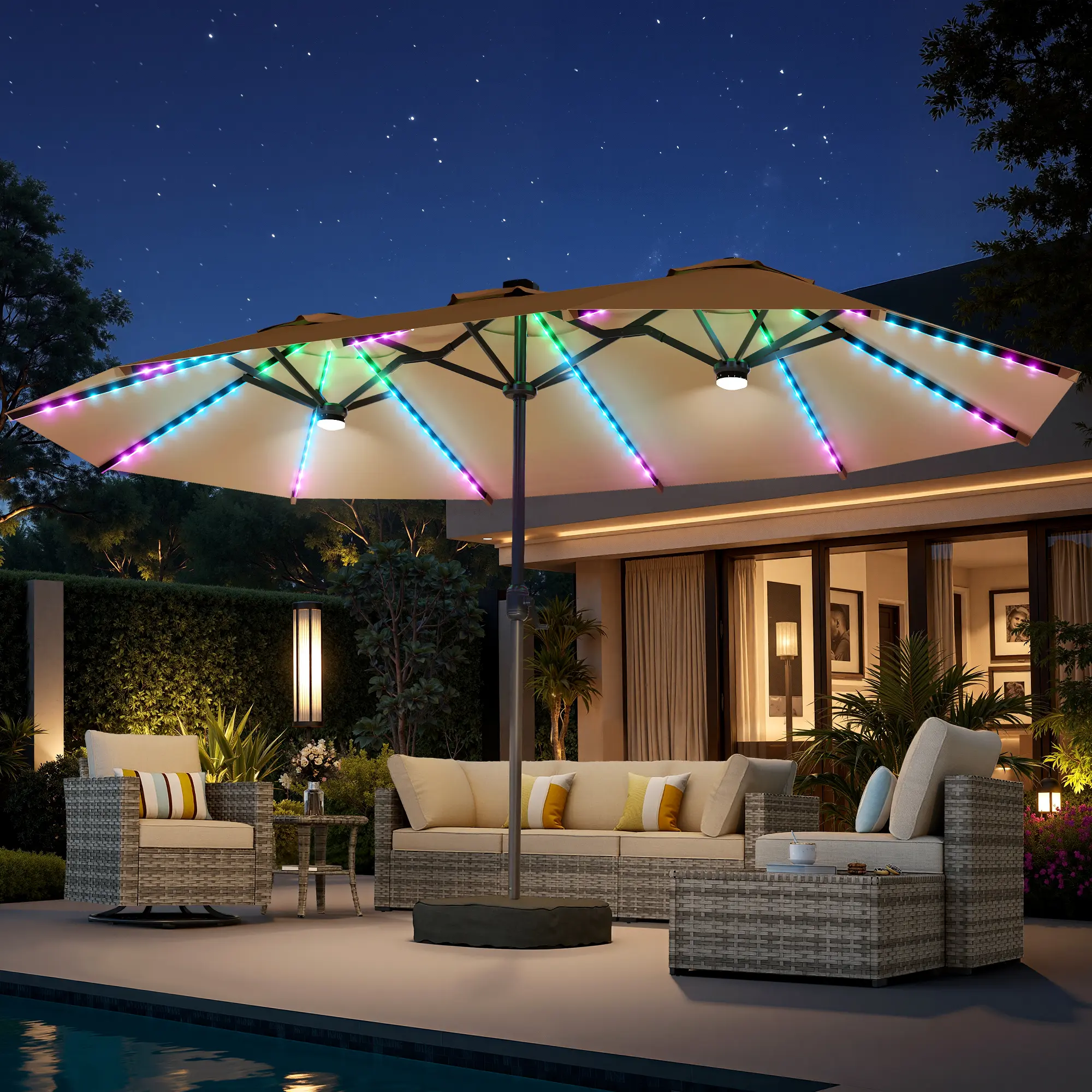 Khaki | RGB Lighted Umbrella with Base