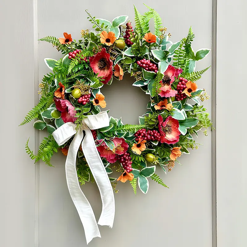 ZMOCEN-20" Faux Poppy Daisy Wreath with Berries - UV Resistant Weatherproof Greenery for Front Door, Porch & Farmhouse Window Decor - All Season Hanging Artificial Plant Wreath