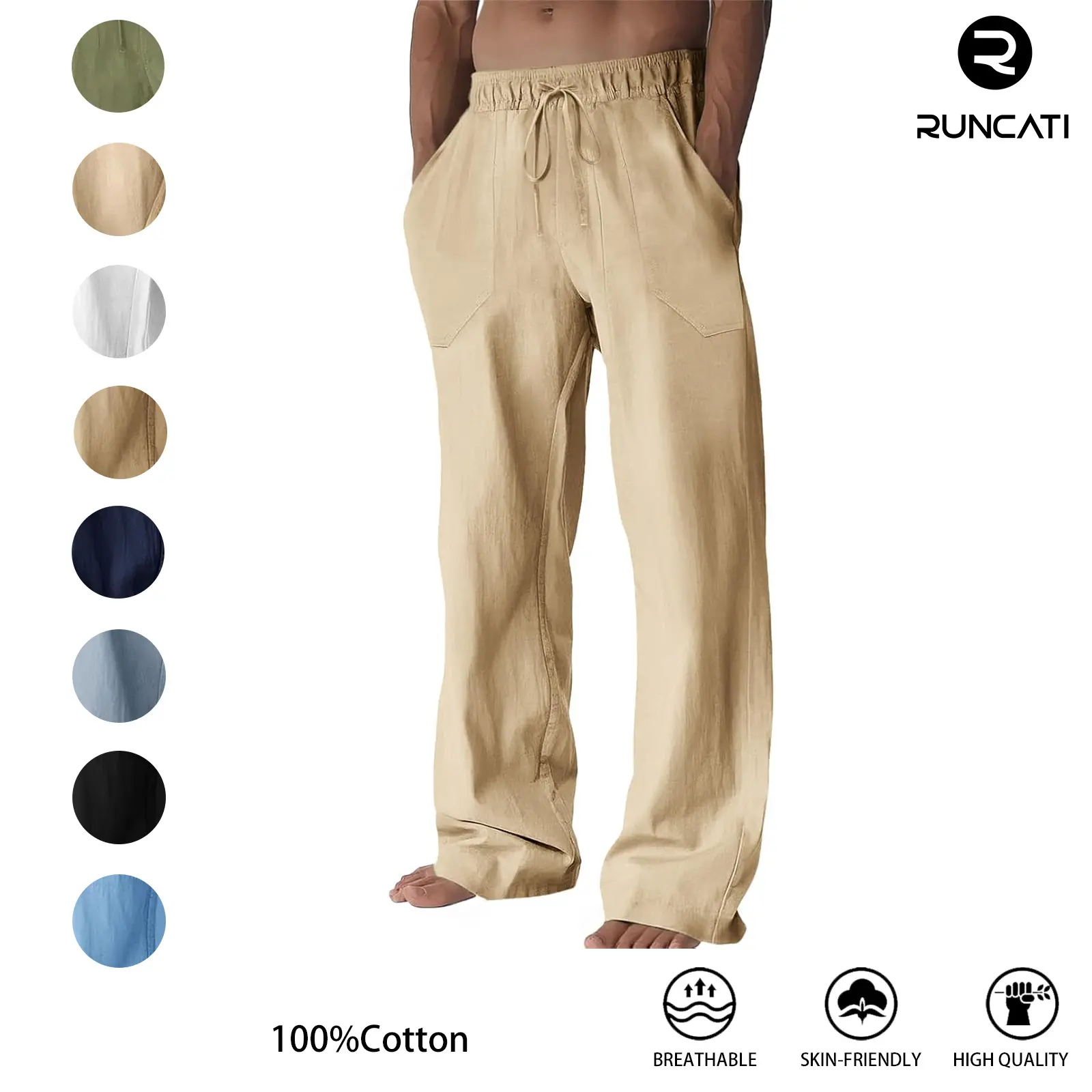 Runcati Mens Casual Pants Cotton Drawstring Elastic Waist Loose Fit Straight Leg Pants Summer Beach Vacation Yoga Trousers