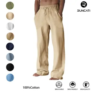 Runcati Mens Casual Pants Cotton Drawstring Elastic Waist Loose Fit Straight Leg Pants Summer Beach Vacation Yoga Trousers