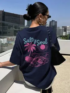 Women's Salty Soul Surfing & Sun Print Round Neck Tee, Casual Style Tee, Casual Short Sleeve T-shirt for Summer, Ladies Clothes for Daily Wear, Top