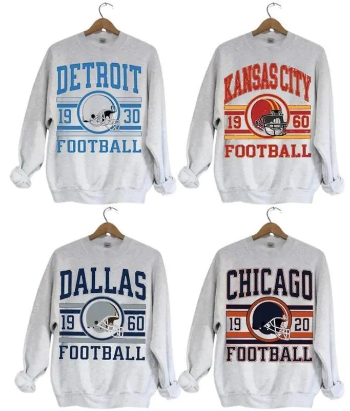 Vintage All Team Football Ash Grey Color Sweatshirt, Retro Football Team Shirt Collection, Gift Fans Sport Menswear Tops Crewneck Fabric