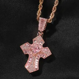 CDM-HIP-HOP Jewelry, Pink / Gold / Silver Cross Necklace , 2 Piece Set, Single Cross Pendant + Twist Necklace , Summer Wear Necklace