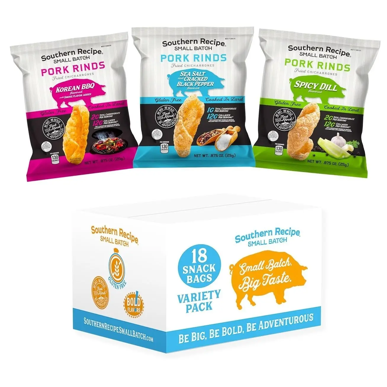 Pork Rinds Variety Pack | Salt & Pepper, Korean BBQ, & Spicy Dill | Southern Recipe Small Batch Chicharrones | Keto Friendly & Low Carb | Snack Bag (18 Count)