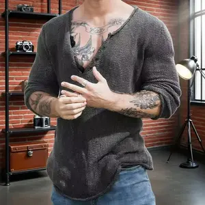 Men's long sleeved V-neck knitted top, spring and autumn pullover, thin base shirt