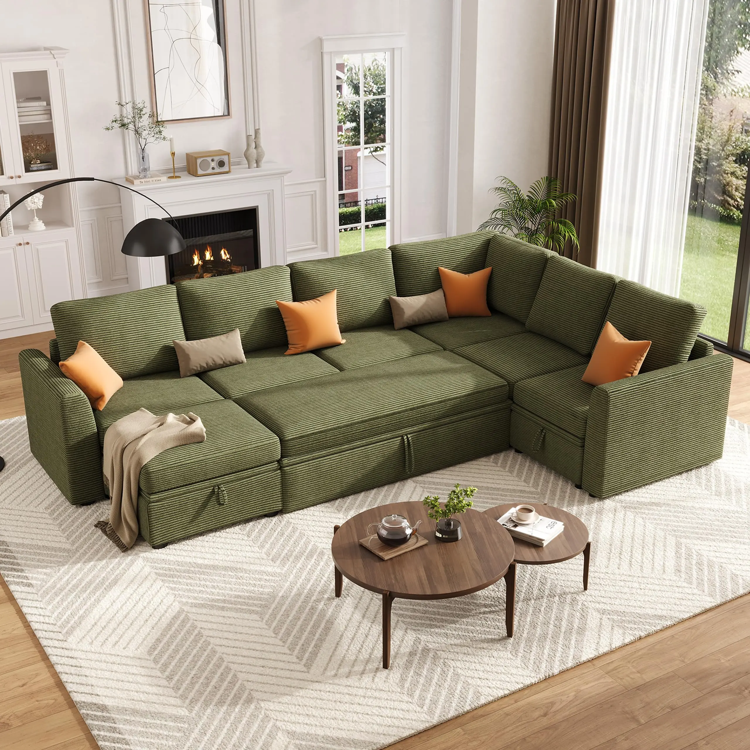 7-Seat U-Shaped Corduroy Modern Farmhouse Modular Sectional Sleeper Couch with Pull-Out Bed, L-Shaped Storage Seat, 2 Ottomans, Sponge & Polyurethane Foam, Neutral for Spacious Living Room
