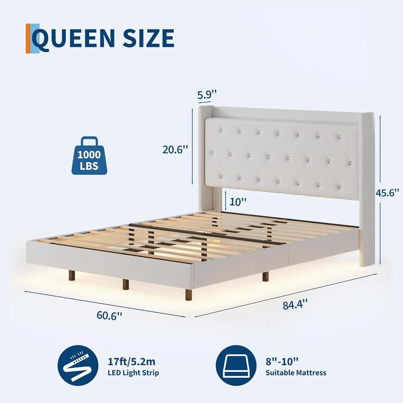 Upholstered Bed Frame with LED Lights & Storage Headboard, Floating Look, No Box Spring Needed