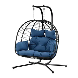 Double Egg Chair with Stand, 2-Person Hanging Basket Swing Chair with Cushions, Indoor Outdoor Patio Lounge Chair, Wicker Rattan Hammock Seat for Garden, Balcony, Backyard-Christmas Gifts.