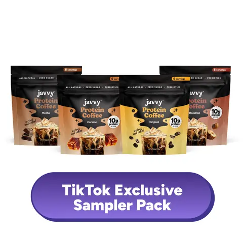 Sample Pack Protein Coffee 6 serve each - 4 Flavors (Original, Mocha, Hazelnut, Caramel) - Premium Whey Protein Instant Iced Coffee - Zero Artificial Flavors & Sweeteners, 80mg Caffeine Per Serving, No Added Sugar, 20 Servings