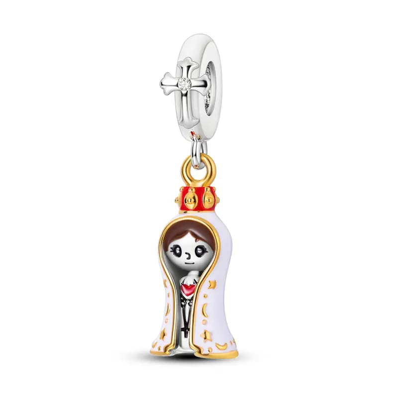 MULA 925 Sterling Silver Virgin Mary Charm, Compatible with Pandora Bracelet, Cute Enamel Dangle Bead with Sacred Heart & Cross, Catholic Religious Protection Jewelry, Gift for Girls Baptism & Confirmation