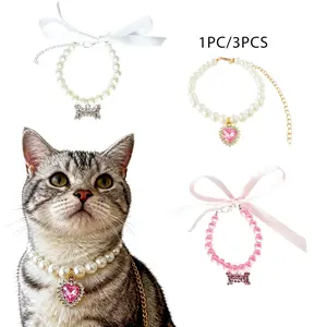 Pet Necklace Set for Dogs & Cats, Medium Size Acrylic Jewelry, Heart-Shaped Pearl Design, Daily Wear Accessories for Small Pets