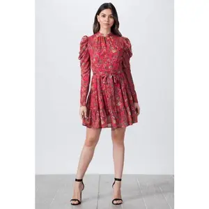 Red Floral Print Mock Neck Mini Dress