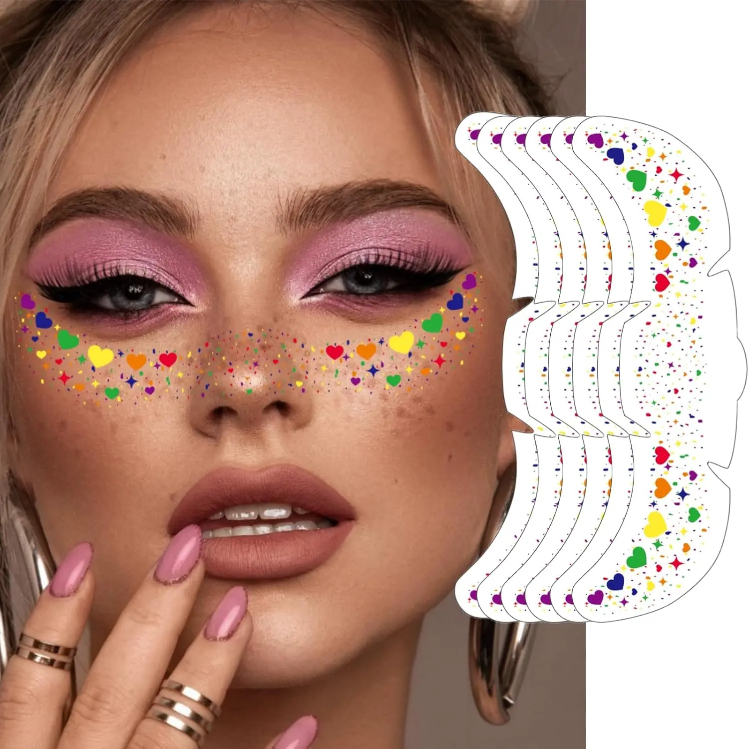 Heart Shape Fake Tattoos, 6 Sheet Packs of Rainbow Pride Glitter Freckles for Face, Temporary Makeup Patches for Adults, Pride Month, 6-Pack, Waterproof, Glitter Patches, 6 Sheets