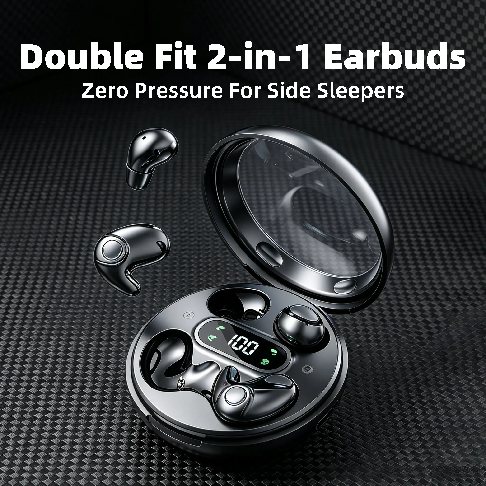 Ultra Tiny 2-in-1 Sleep Aid Earbuds, Night Wearing Design, Single-Dual Ear Free Switch, Lightweight Snug Fit Eases Ear Stress, Gentle Care Sound, 1-Touch Control, Slim Portable Charging Case