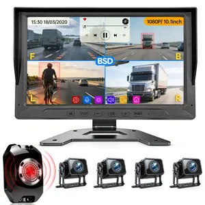 ConewVehicle Truck Backup Camera System with 10.1 inch Monitor for RV Bus Trailer Camper with 4 Rear/Side View 1080P HD Cameras 4 Splits Screen DVR Recording IP69 Waterproof MP5 Music Video Player BSD Avoid Blind