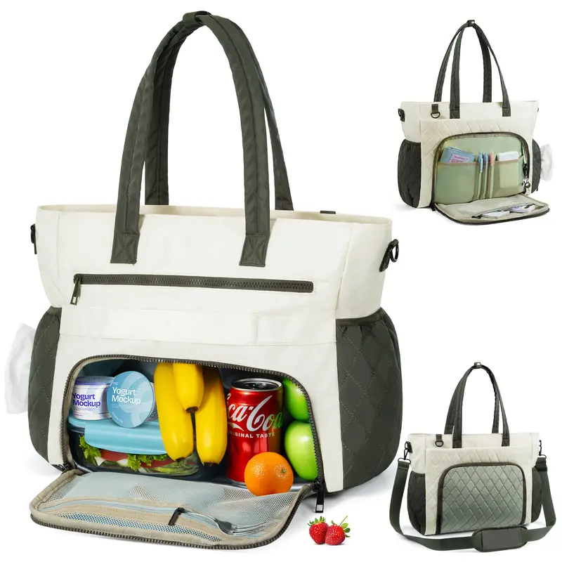 Babysun Women's Quilted Multi-Function Tote Bag - 15.6" Laptop Handbag with Thermal Leakproof Zip Lunch Box Bag Compartment, Adjustable Strap for Business Use