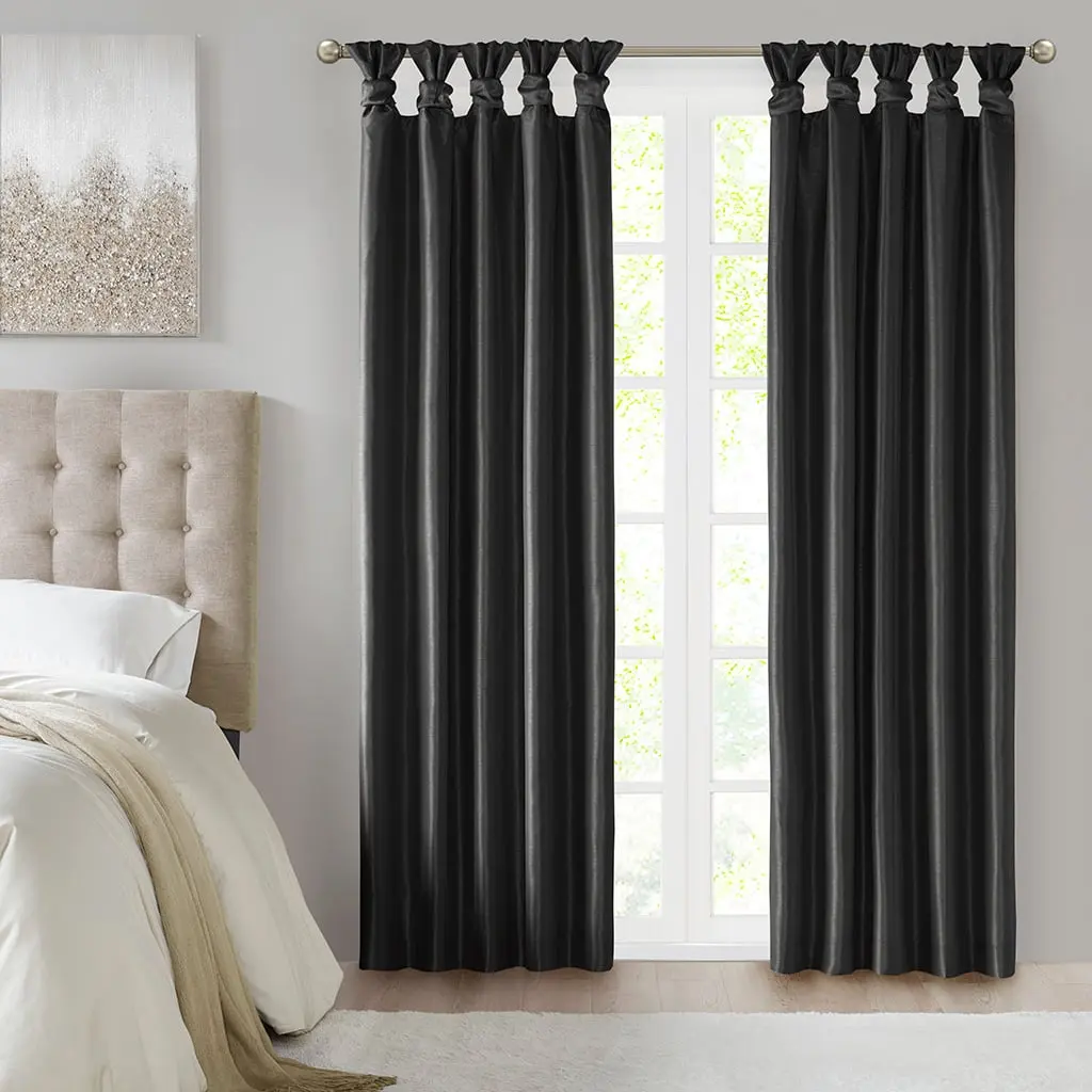360 Stand True Emilia Twist Tab Total Blackout Curtain Panel, Polyester Silk Fabric, 50x84x0.13in, Black, Transitional Style Window Treatment