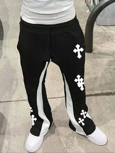 Men's Cross Patchwork Print Drawstring Waist Flare Leg Pants, Casual Fitted Pants, Casual Comfy Pocket Trousers for Fall & Winter, Men's Bottoms for Daily Wear, Casual Street Pants