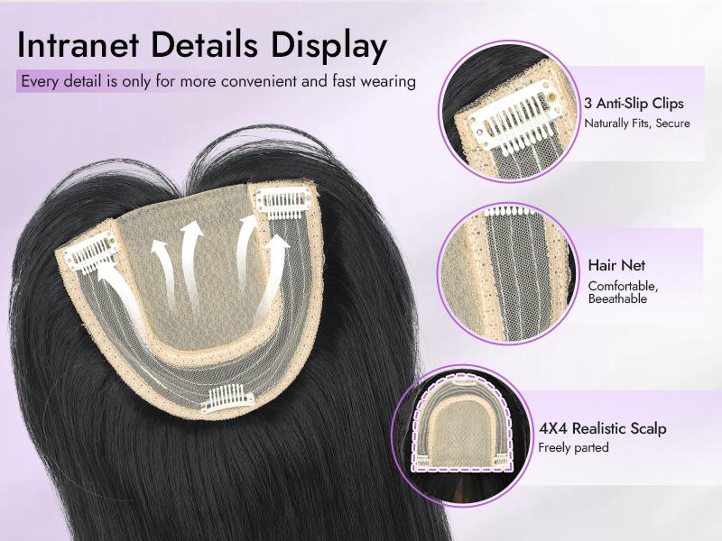 Long Black Hair Topper with Bangs for Women, 4x4 Realistic Scalp,Free Parting, Layered Hairstyle Synthetic Heat Resistant for Daily Party Use 20 inch