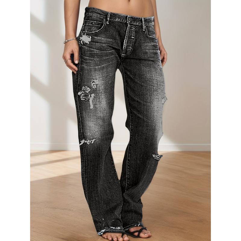 Women's Ripped Jeans Mid Rise Straight LegDenim Jean Plus Size Boyfriend Jeans BaggyFlare Pants