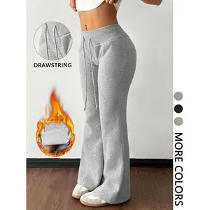 Women's casual low waisted drawstring elastic sports pants, warm lining, suitable for autumn and winter, flared leg design, wool lined tight pants, drawstring waist sports pantsRAIMENTRY