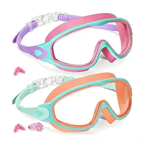 Kids Swimming Goggles, 2 Counts/set Anti-fog Goggles with Earplugs, Wide Vision Design Comfortable Silicone Material Goggles for Boys & Girls, Diving Swimming Goggles