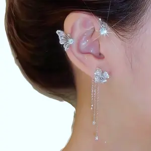 Fairy Butterfly Tassel Zircon Ear Cuffs No Piercing Flower Rhinestone Climber Wrap Around Earrings Shimmering Fashion Ear Bone Clips Perfect Jewelry Gifts for Women accessories for women