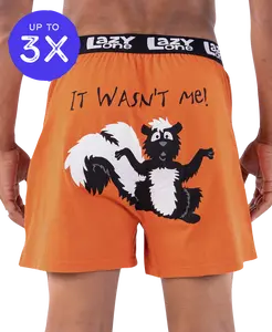 LazyOne | It Wasn't Me Men's Skunk Funny Boxer Shorts - Orange Cotton Knit, Loose Fit, Elastic Waist, Novelty Gag Gift, Comfy Underwear for Men