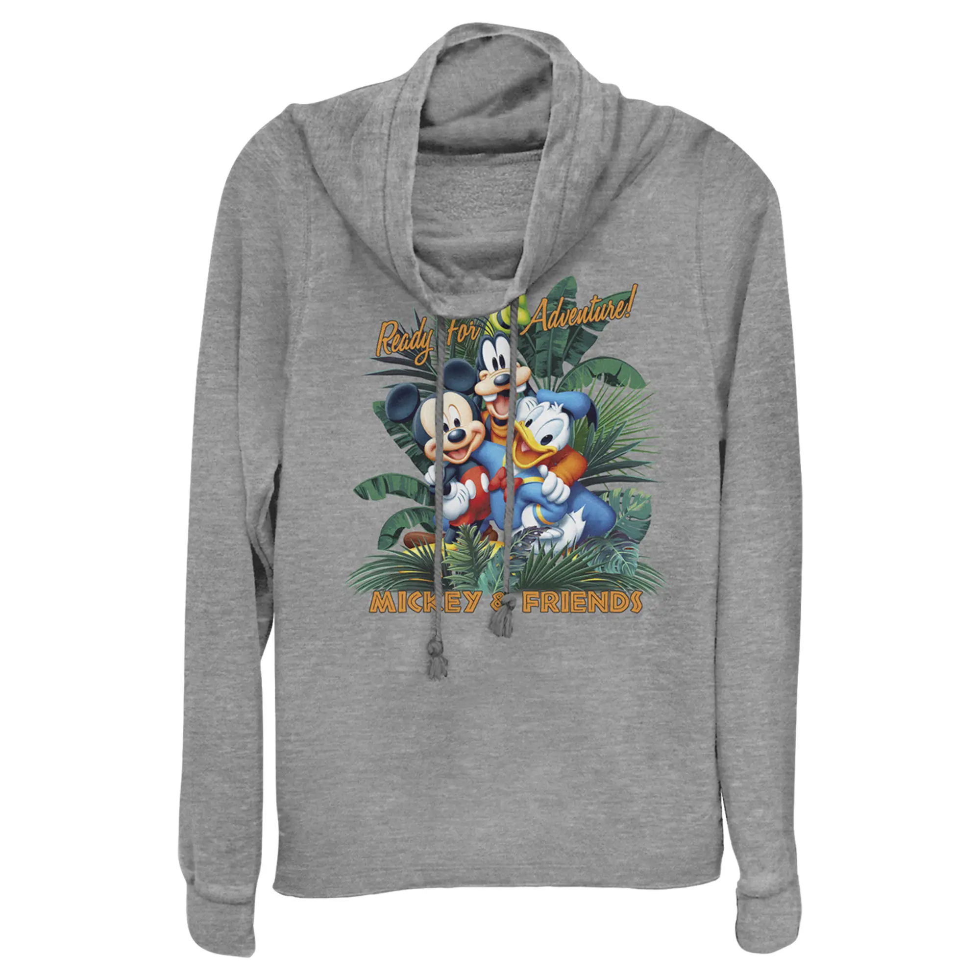 Juniors Womens Mickey & Friends Ready For Adventure Tropical Cowl Neck Sweatshirt