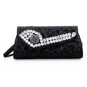 black Flower Embossed Faux Leather Crystal Crossbody Bag