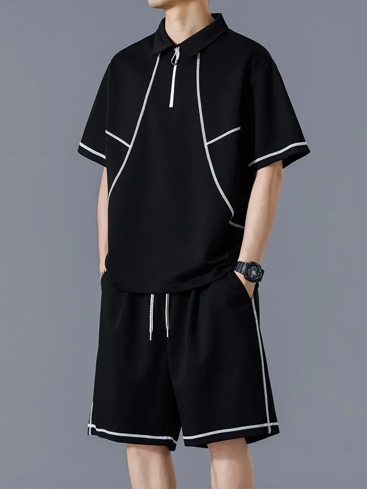【T11】Men's Half Zip Polo Tracksuit Set Contrast Stitch Short Sleeve Top & Drawstring Shorts 2 Piece Summer Casual Sport Outfit