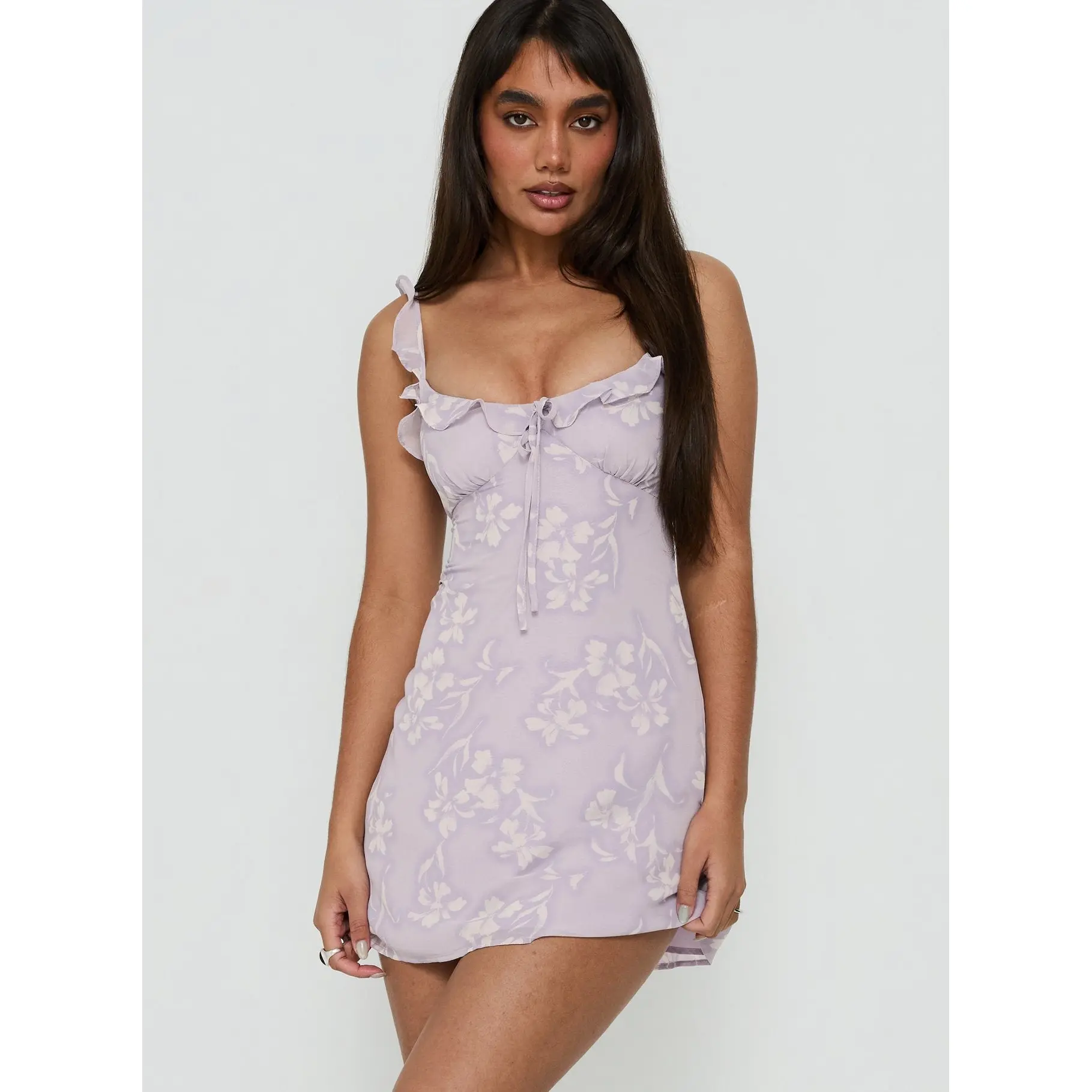 Dewdrops Chiffon Frill Mini Dress Lilac Floral