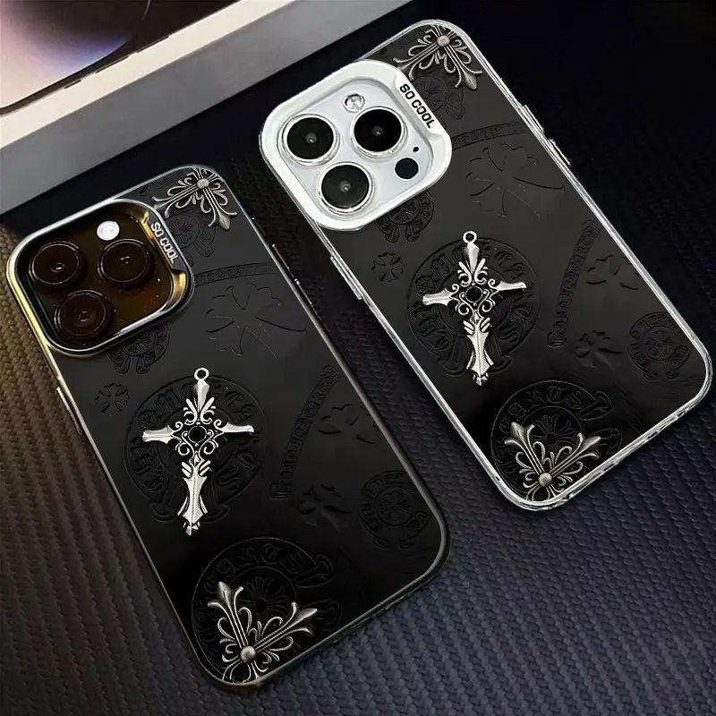 Gothic Silver Cross Jewelry Holo Frame Phone Case Vintage Dark Aesthetic Graphic 2D Print Silver Matte Mirror Cover for iPhone 7-17 Pro Max