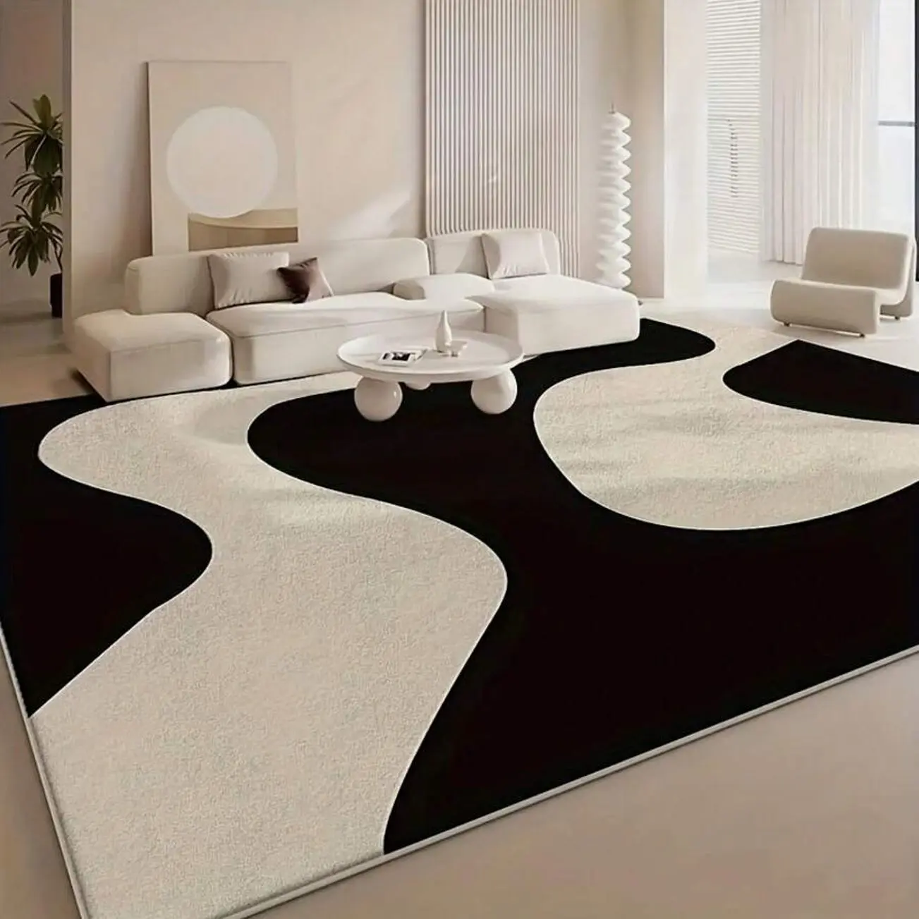 Modern Black and White Area Rug, Geometric Pattern Floor Mat, Non-Slip Indoor Carpet for Living Room, Bedroom, Kitchen, and Home Decor