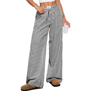 Womens Striped Gingham Pants 2025 Pajama Lounge Boxer Pants Cute Comfy PJ Bottoms with Pockets Y2K Plaid Outfits