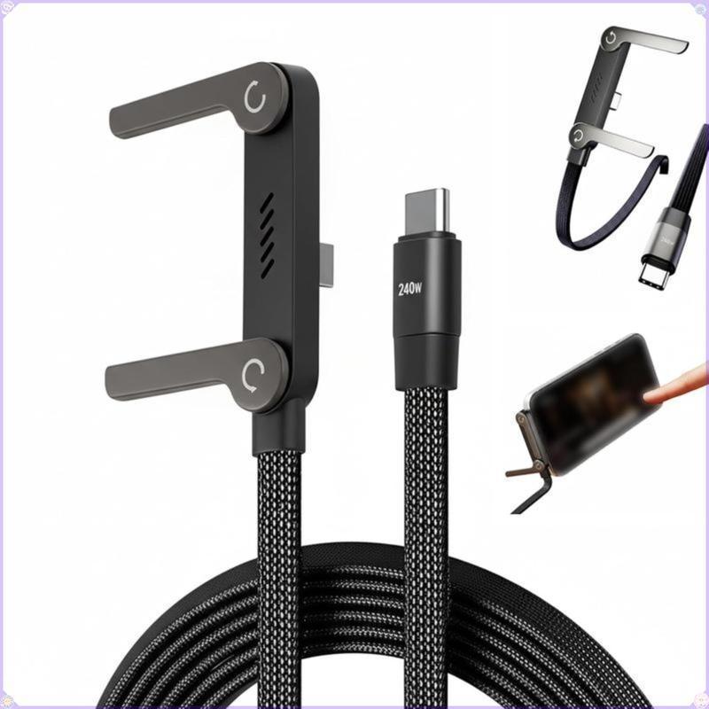 2026 New Type-C Invisible Holder Charger Cable with Built-in Stand, 240W Super Fast Charging 2-in-1 Cord & Phone Holder. Ideal for Gaming, Office, Car and Travel Use. Compatible with iPhone, Samsung and All Type-C Devices.