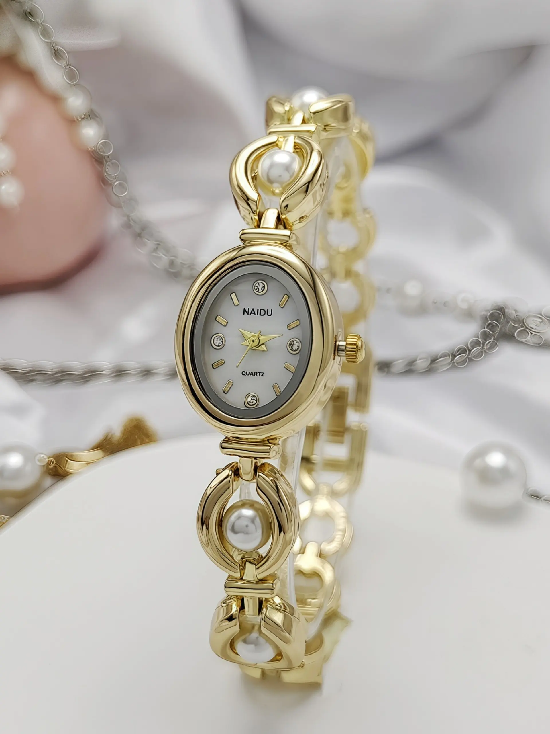 New Ladies' Oval Watch Bracelet, Steel Band Quartz Watch, Vintage Luxurious Faux Pearl, Elegant Women's Wristwatch, Fashionable Stylish Watch, Quartz Analog Watches, Analog Quartz Movement
