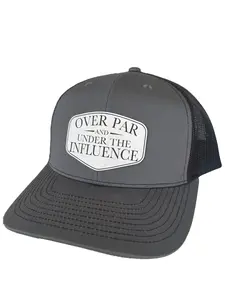 Over Par and Under The Influence Trucker Hat for Golfers, Funny Adult Humor Unisex Baseball Cap with Adjustable Snapback Enclosure