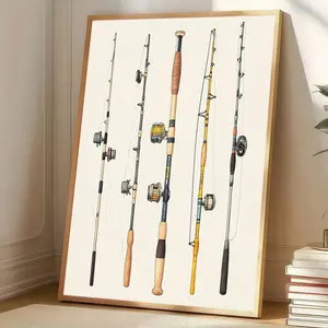 1pc Frameless Fishing Rods Canvas Wall Art - Minimalist Retro Style, Watercolor Print, Ideal for Home Office & Living Room Decor, Indoor/Outdoor Use, Perfect for New Year'S Season, Fishing Decor, Living Room Wall Art