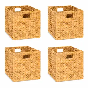 Hand-Woven Water Hyacinth Storage Baskets, 9” Cube Foldable Wicker Storage Bins with Handles for Shelves & Closet Organization – Set of 2 / 4
