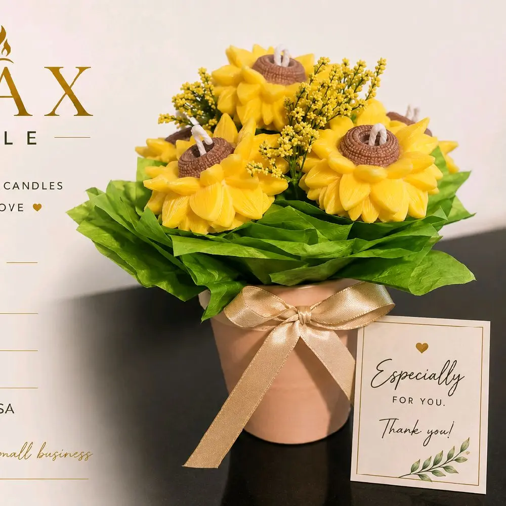 Velas de girasol en maceta de ceramica