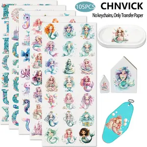 105 PCS Watercolor Mermaid Birthday UV DTF Keychain Stickers, Colorful UV DTF Stickers, High Viscosity UV Stickers, Self Adhesive Stickers, Sticker Sheets Suitable for Keychains, Small Pendants, Mugs UV DTF Transfer Paper(No Keychain, Stickers Only)