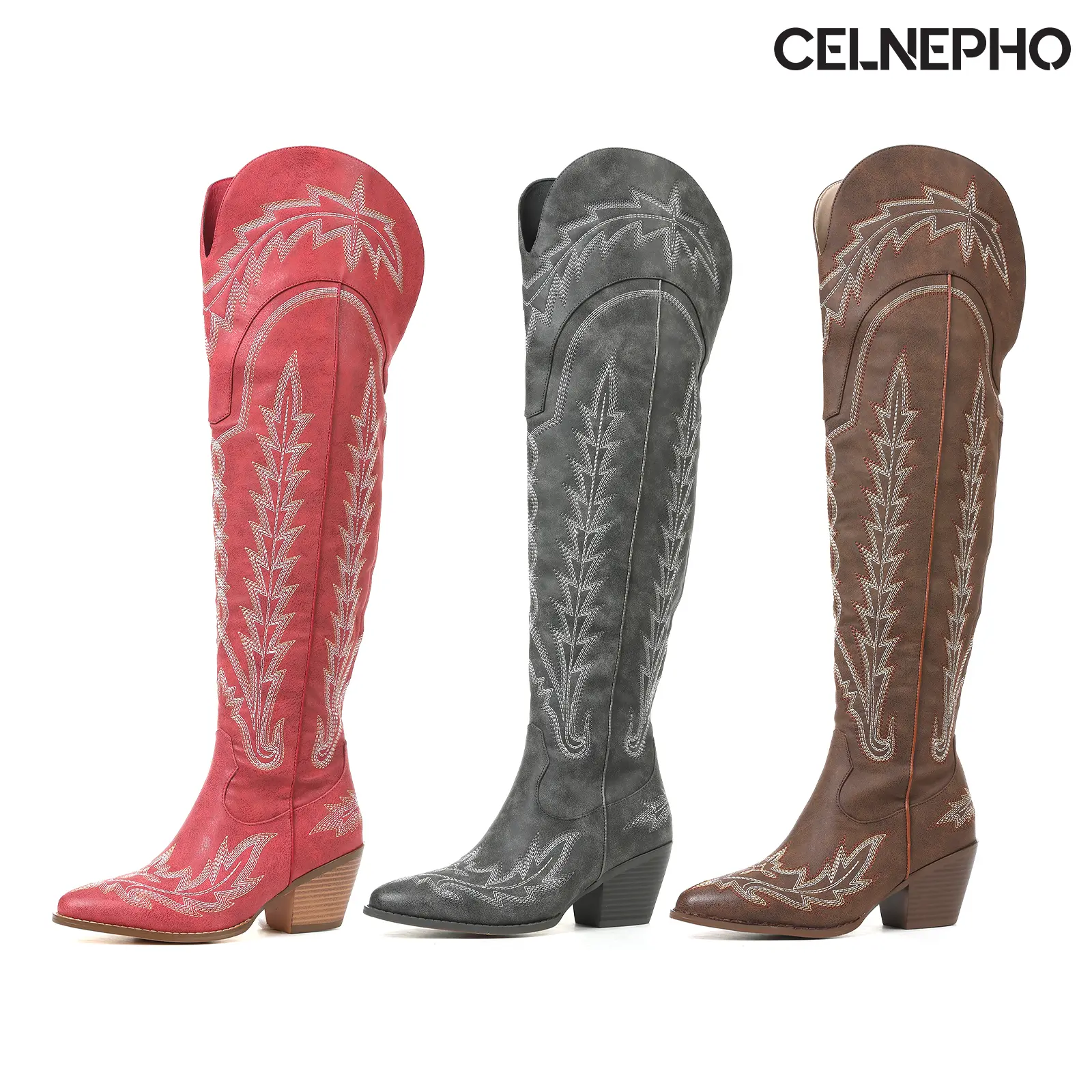 CELNEPHO Women Cowboy Boots Chunky Block Heel Western Embroidery Design Over The Knee Cowgirl Boots Pointed Toe Side Zipper Closure Easy Pull on Cosplay Party Gift Horse Riding Country Wedding Dress Shoes